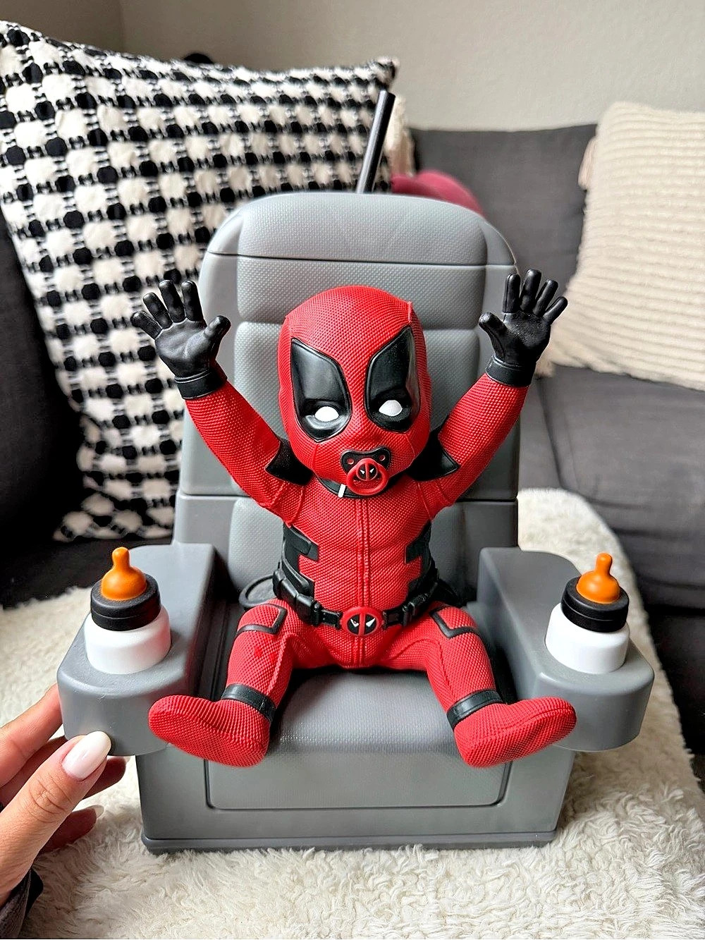 BUNDLE: Baby Deadpool popcorn bucket with drink dispenser (Never Used) + Deadpoo